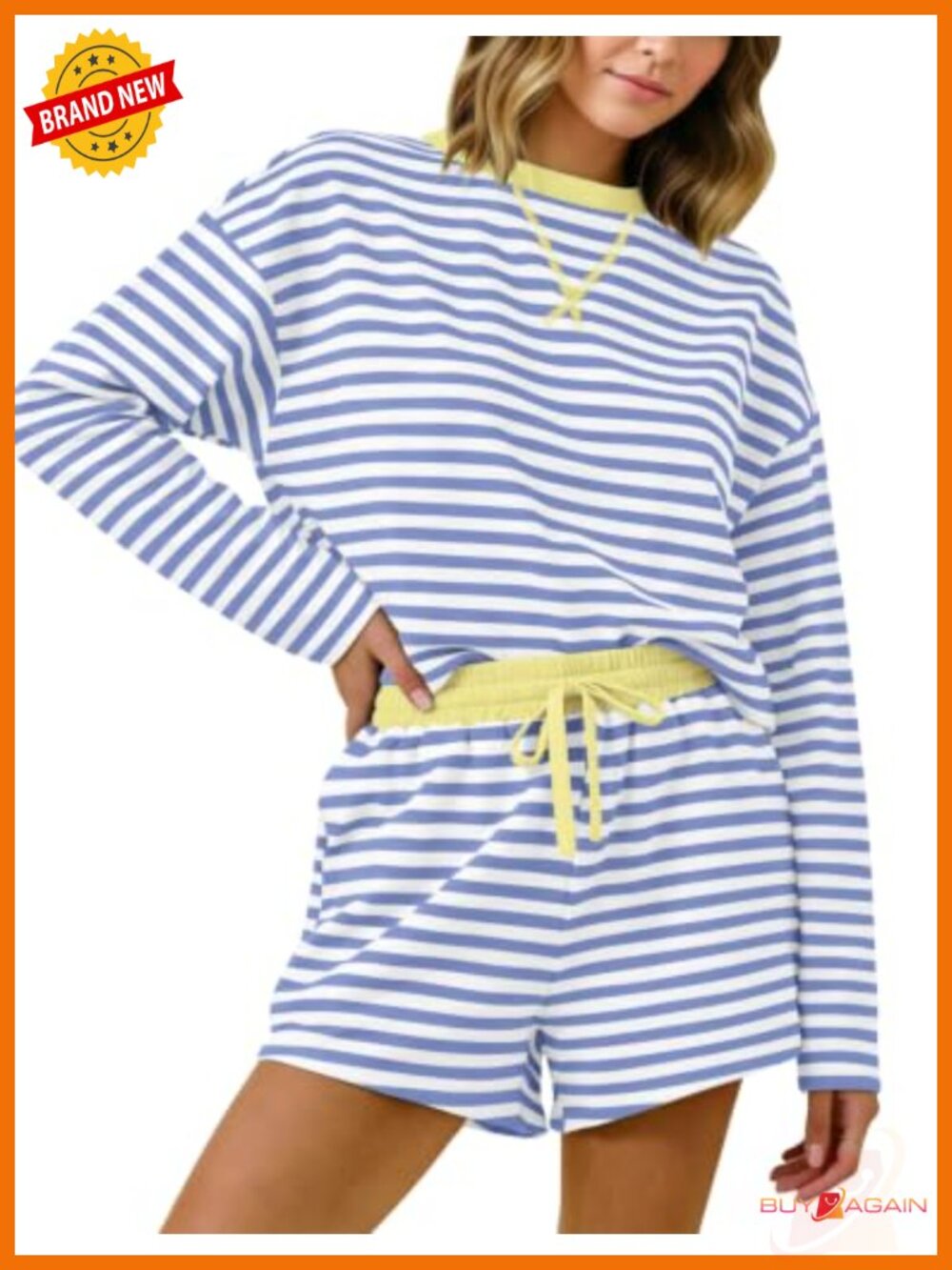 Women's Striped Lounge Set 2 Piece Long Sleeve Tee & Drawstring Shorts Pajama